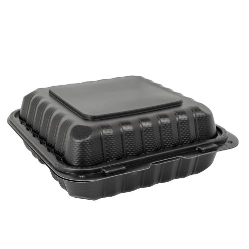 HINGE CONTAINER BLACK MICROWAVABLE 8"X 8" 3 COMPARTMENT