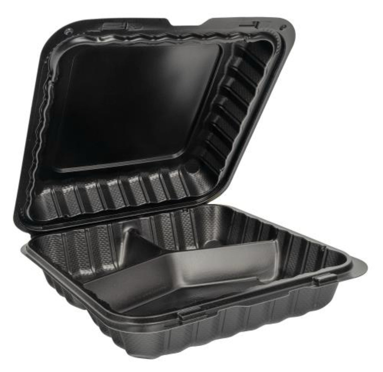 HINGE CONTAINER BLACK MICROWAVABLE 9X9 3 COMPARTMENT