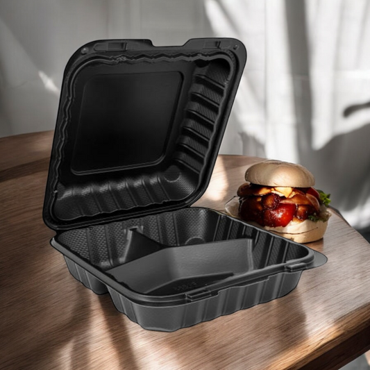 HINGE CONTAINER BLACK MICROWAVABLE 8"X 8" 3 COMPARTMENT