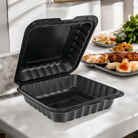 HINGE CONTAINER BLACK MICROWAVABLE 8X8 1 COMPARTMENT