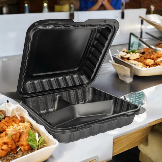 HINGE CONTAINER BLACK MICROWAVABLE 9X9 3 COMPARTMENT